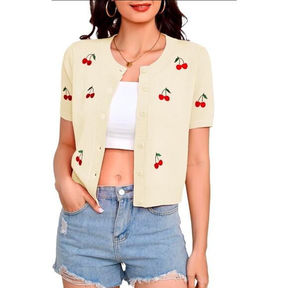 Cute cream short sleeve button cardigan by Bbonlinedress w/cherry embroidery XL - Picture 1 of 9